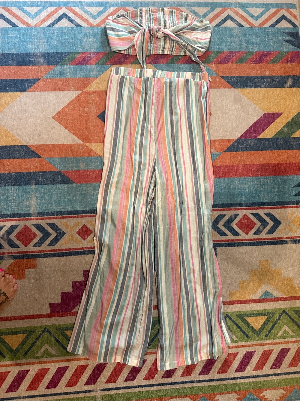 SHEIN Pastel Multicolor Striped Wide-Leg Jumpsuit with Tie Top